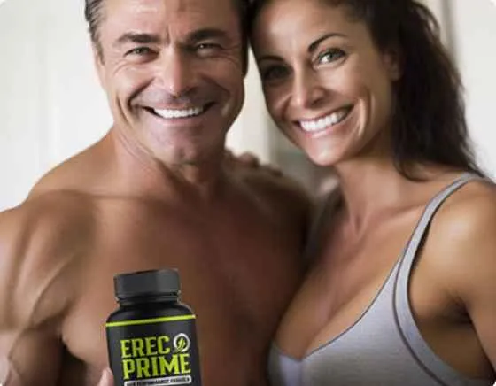 Smiling mature couple with ErecPrime supplement promoting confidence and wellness.